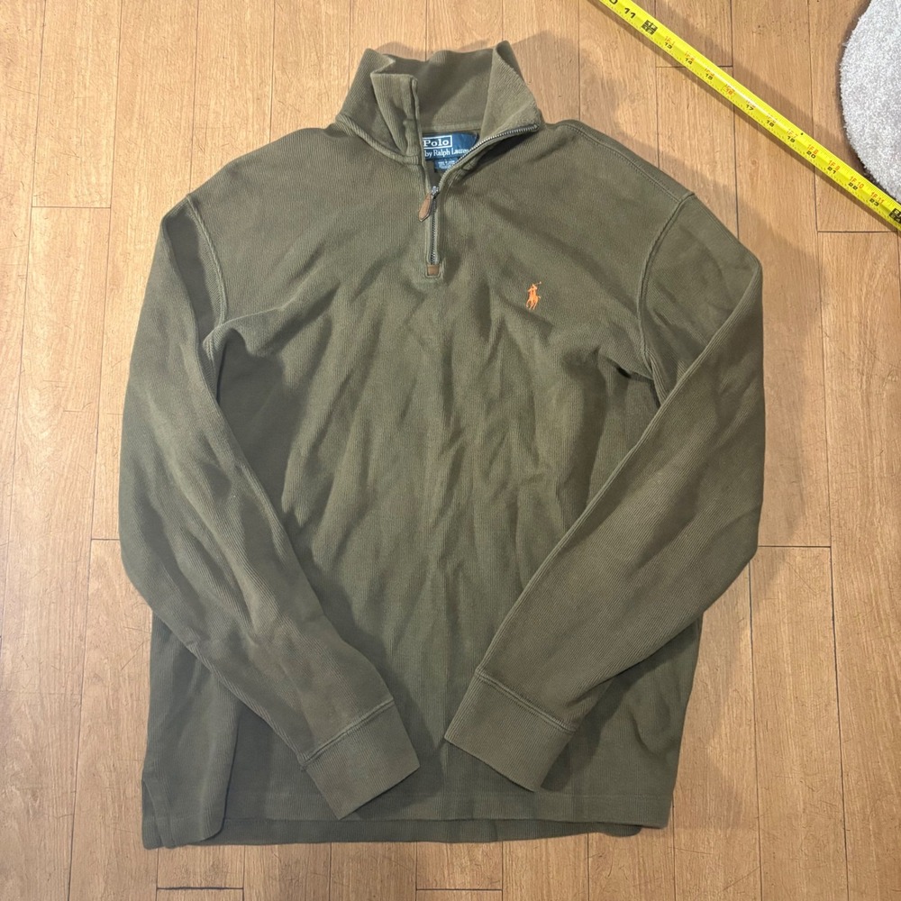 Polo Ralph Lauren Mens Medium Olive Green Cotton Ribbed Quarter Zip Pullover